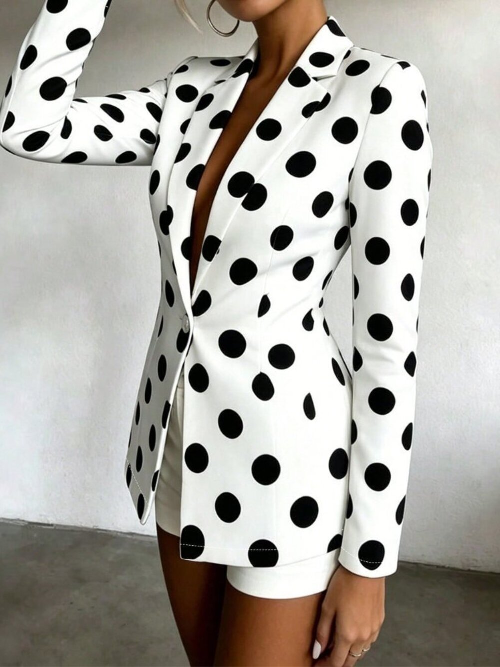 Black And White Party Women's Polka Dot Print Button Long Sleeve Blazer - Picture 5 of 5
